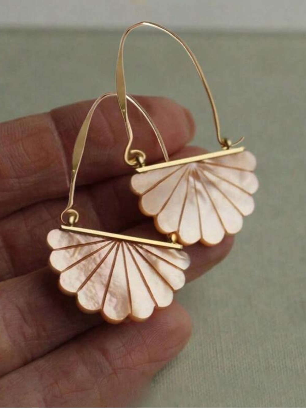 Gold and Pale Pink Shell Fan Hoop Earrings
